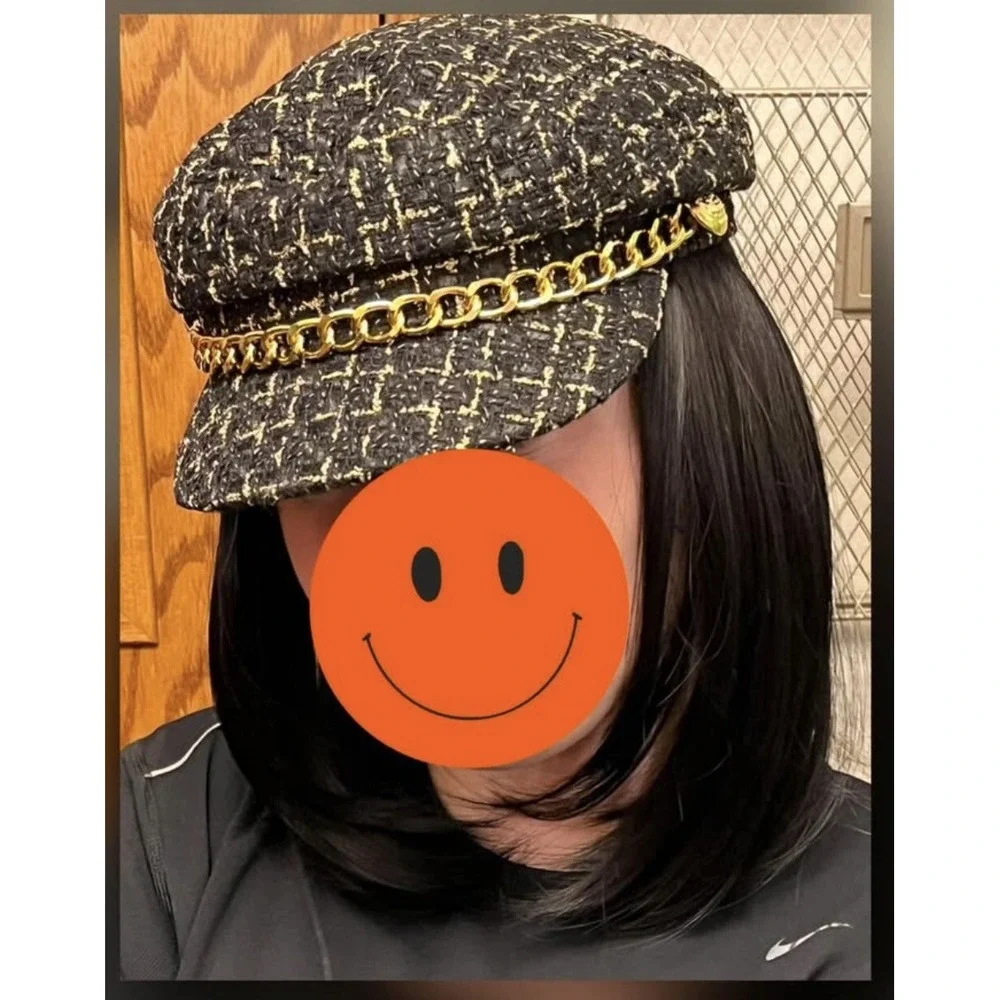 Wig Women Tweed Plaid Hat Cabbie/Newsboy Cap With real hair bob Black Wig‎